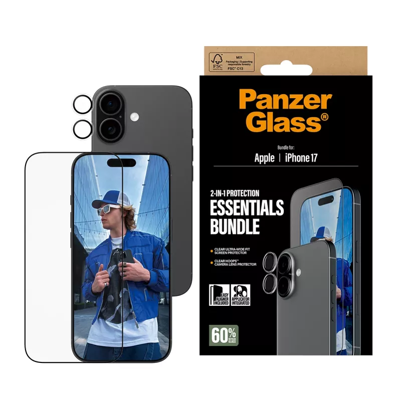 PanzerGlass Pacote essencial 2 em 1 iPhone 17 resistente a riscos e choques