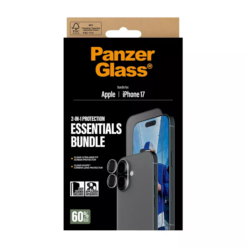 PanzerGlass Pacote essencial 2 em 1 iPhone 17 resistente a riscos e choques