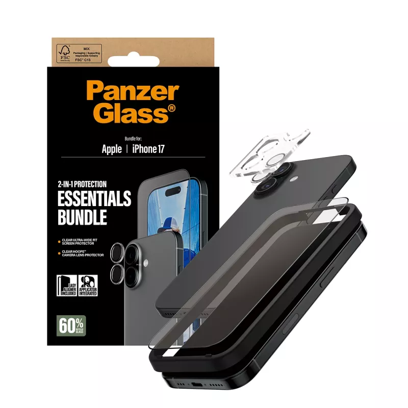 PanzerGlass Pacote essencial 2 em 1 iPhone 17 resistente a riscos e choques