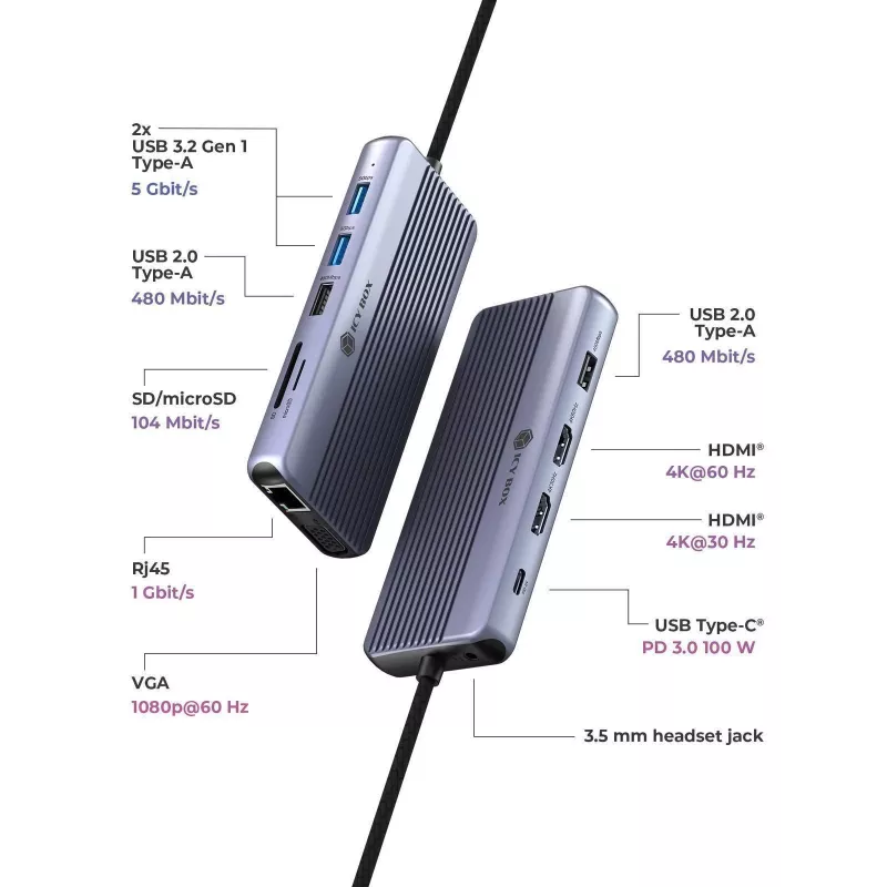ICY BOX IB-DK4062-CPD Com fios USB 3.2 Gen 1 (3.1 Gen 1) Type-C Antracite