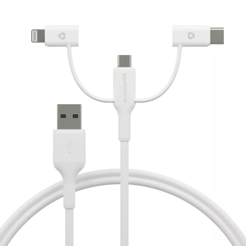 dbramante1928 re-charge - cabo 3-em-1 – USB-A para USB-A, C e Lightning - branco