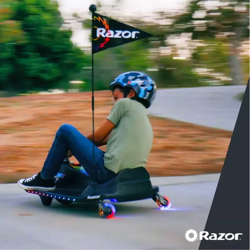 Kart elétrico de drift Razor CRAZY CART Shift Lightshow — bateria de lítio recarregável, espetáculo de luzes LED, 13 km/h, 40 min