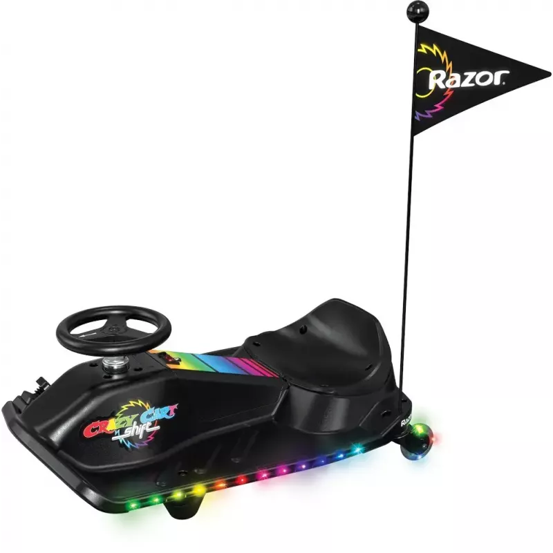 Kart elétrico de drift Razor CRAZY CART Shift Lightshow — bateria de lítio recarregável, espetáculo de luzes LED, 13 km/h, 40 min
