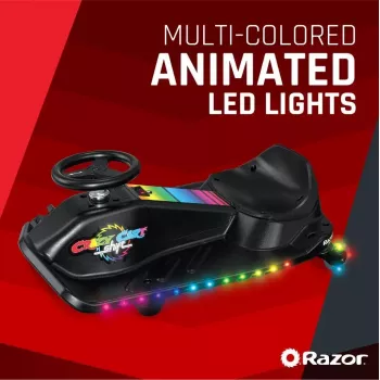Kart elétrico de drift Razor CRAZY CART Shift Lightshow — bateria de lítio recarregável, espetáculo de luzes LED, 13 km/h, 40 min