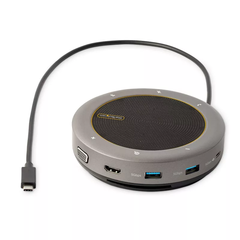 StarTech.com USB-C Speakerphone Docking Station, Mini Portable Conference Speaker e Audio Dock, USB-C para VGA/4K HDMI, 2x USB-A Hub, microfone/altifalante, Teams/Zoom/Softphone Speakerphone