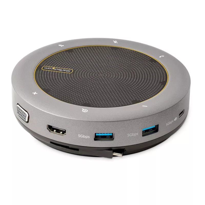 StarTech.com USB-C Speakerphone Docking Station, Mini Portable Conference Speaker e Audio Dock, USB-C para VGA/4K HDMI, 2x USB-A Hub, microfone/altifalante, Teams/Zoom/Softphone Speakerphone