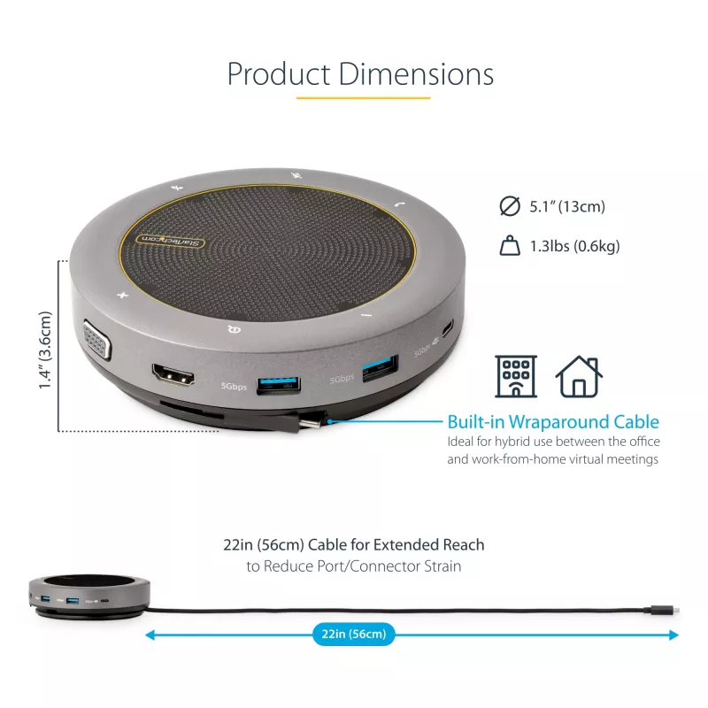 StarTech.com USB-C Speakerphone Docking Station, Mini Portable Conference Speaker e Audio Dock, USB-C para VGA/4K HDMI, 2x USB-A Hub, microfone/altifalante, Teams/Zoom/Softphone Speakerphone