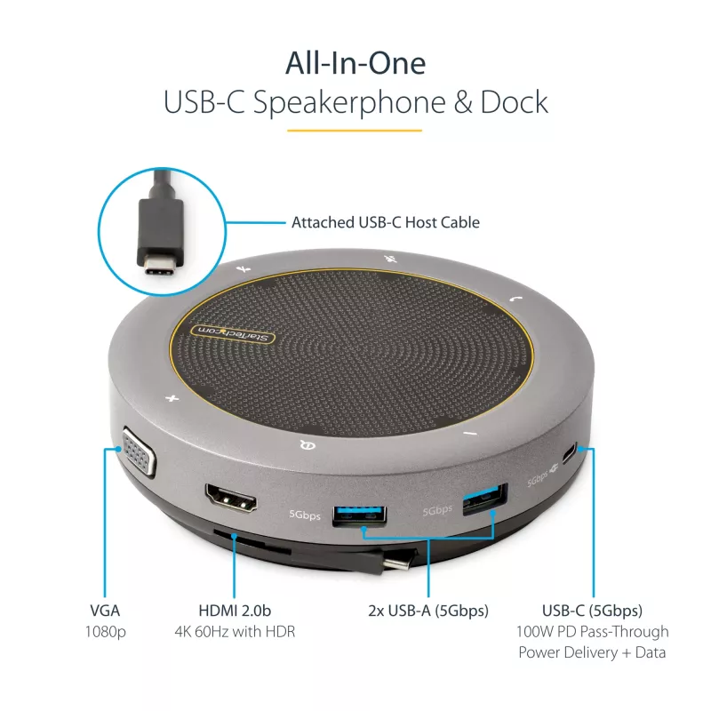 StarTech.com USB-C Speakerphone Docking Station, Mini Portable Conference Speaker e Audio Dock, USB-C para VGA/4K HDMI, 2x USB-A Hub, microfone/altifalante, Teams/Zoom/Softphone Speakerphone