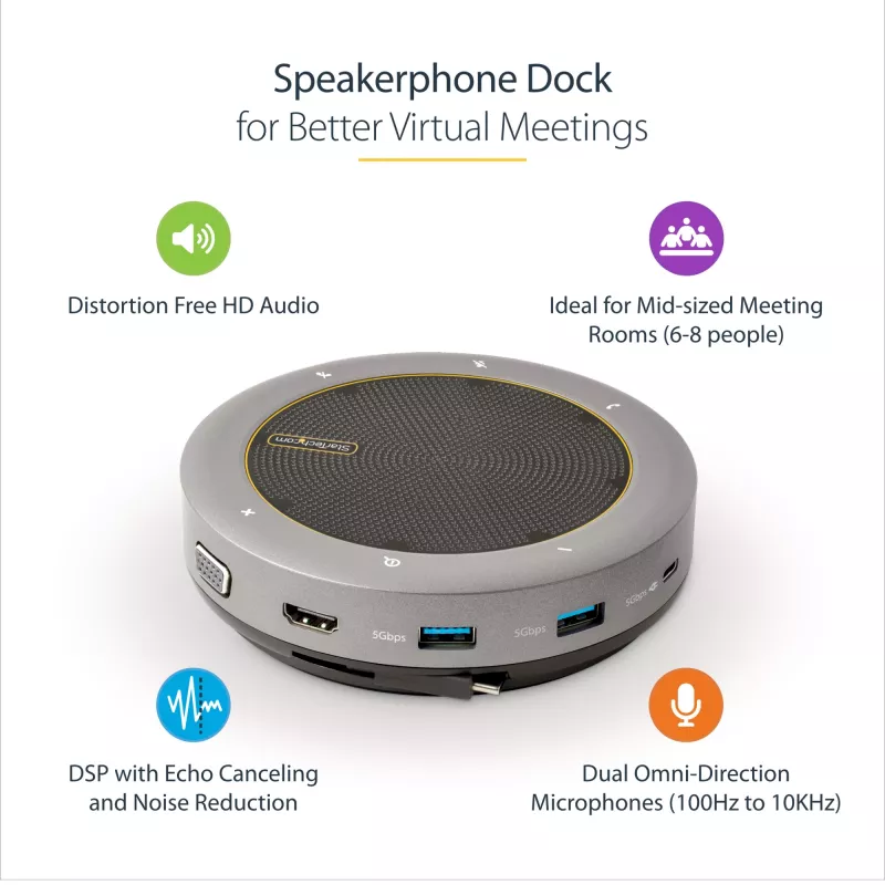 StarTech.com USB-C Speakerphone Docking Station, Mini Portable Conference Speaker e Audio Dock, USB-C para VGA/4K HDMI, 2x USB-A Hub, microfone/altifalante, Teams/Zoom/Softphone Speakerphone