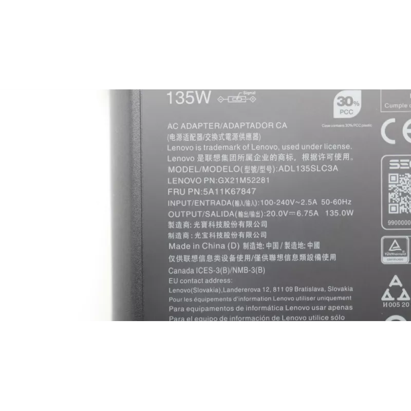 Lenovo 5A11K67847 Fonte de alimentação/inversor Interior 135 W Preto
