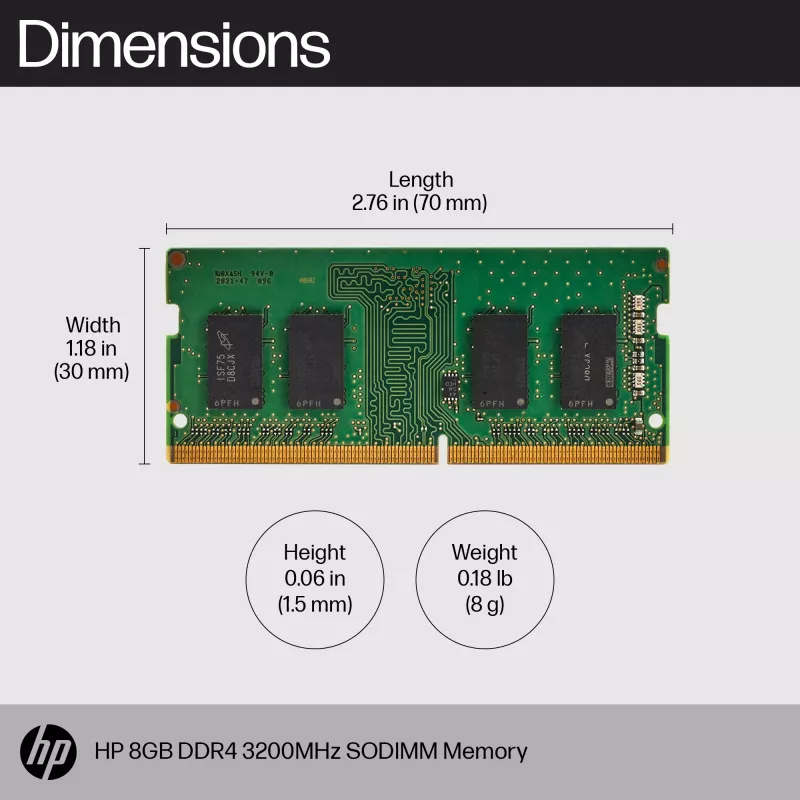 Memória HP 8GB DDR4 3200 SODIMM, Business, Windows 10, Windows 11, 70 mm, 30 mm, 1,5 mm, 8 g