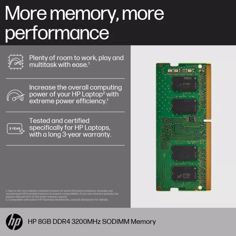 Memória HP 8GB DDR4 3200 SODIMM, Business, Windows 10, Windows 11, 70 mm, 30 mm, 1,5 mm, 8 g