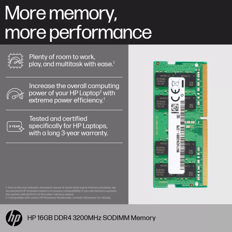 Memória HP 8GB DDR4 3200 SODIMM, Business, Windows 10, Windows 11, 70 mm, 30 mm, 1,5 mm, 8 g