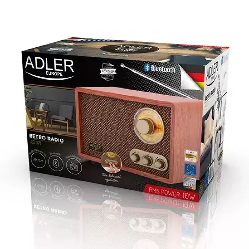 Rádio portátil Adler AD 1171 – AM/FM, 10 W RMS, Bluetooth, antena externa, bronze, 290×200×172 mm