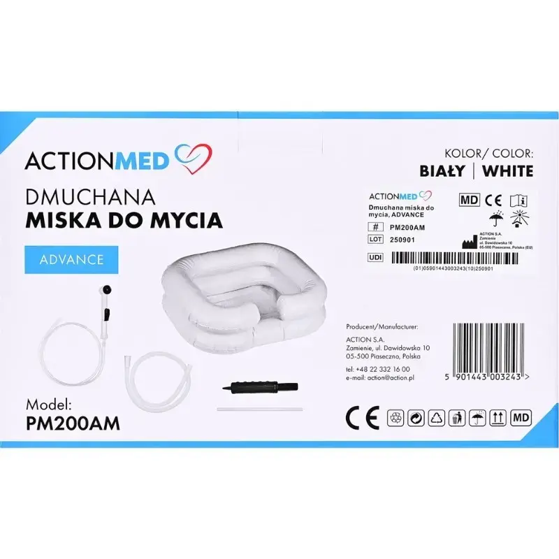Bacia de lavagem insuflável ActionMed PM200AM — bacia de higiene retangular portátil, branco, bomba e mangueira incluídas