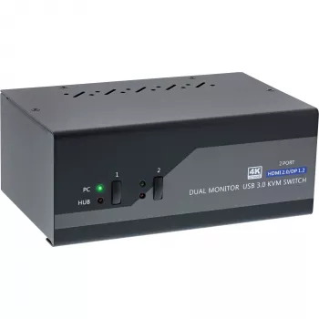 Comutador KVM de secretária InLine, 2 portas, monitor duplo, DP+HDMI, 4K, USB 3.0, áudio
