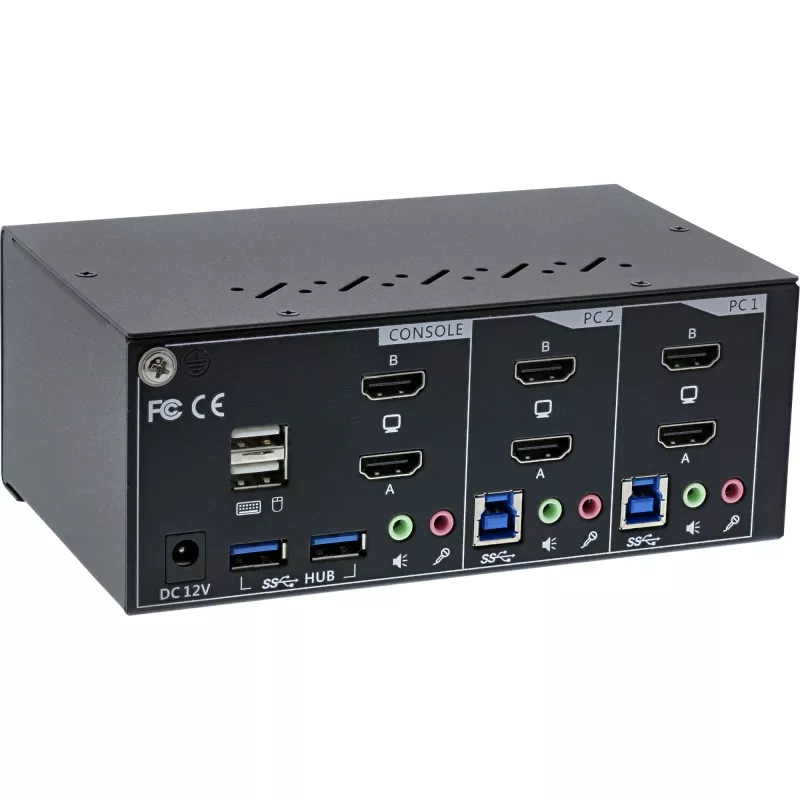 Comutador KVM de secretária InLine 62652I 2 portas monitor duplo HDMI 4K USB 3.0 áudio