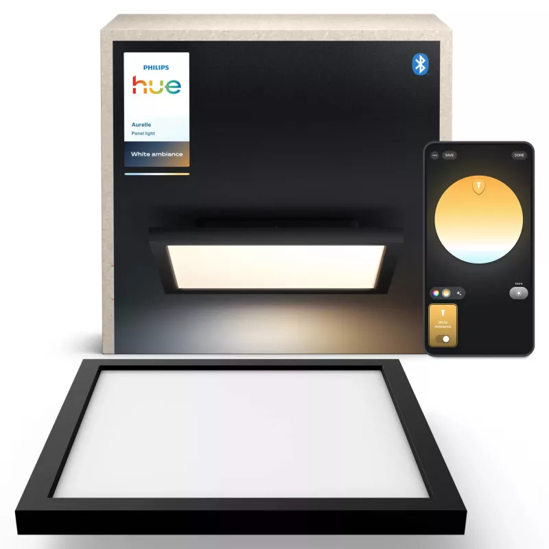 Philips Aurelle Square Panel, lâmpada de teto inteligente, Bluetooth/Zigbee, preto, LED, alumínio, variável