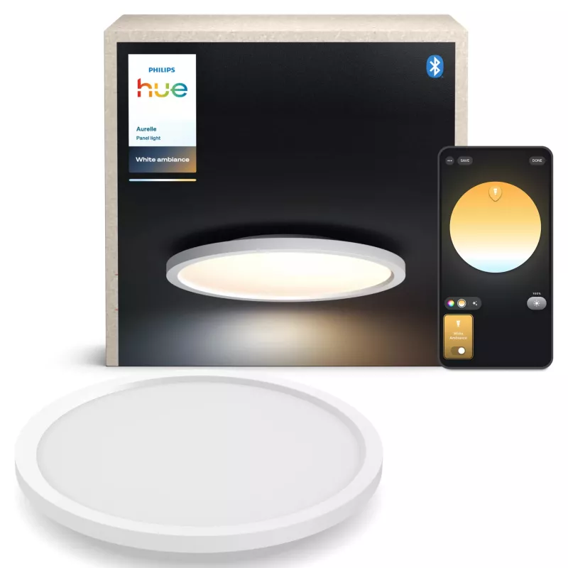 Philips Aurelle Hue Lâmpada de painel redonda, lâmpada de teto inteligente, Bluetooth/Zigbee, branco, LED, alumínio, variável
