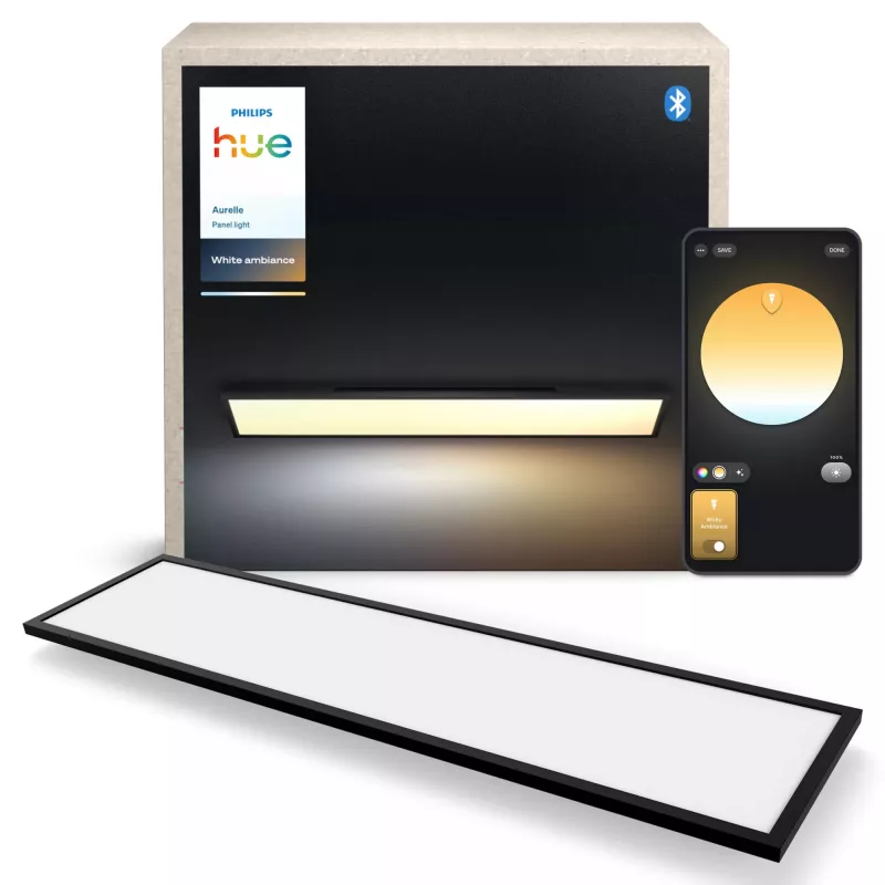 Lâmpada de teto inteligente Signify Philips Aurelle Rectangle Panel — Bluetooth/Zigbee, 1200×300×48 mm, preto