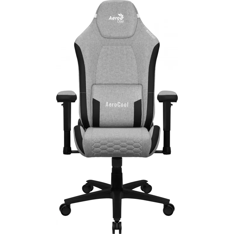 Cadeira gaming universal AEROCOOL CROWNASHGR — assento/encosto estofados em cinzento, apoios de braços 2D, estrutura em aço, pistão a gás classe 4, peso máximo do utilizador 150 kg