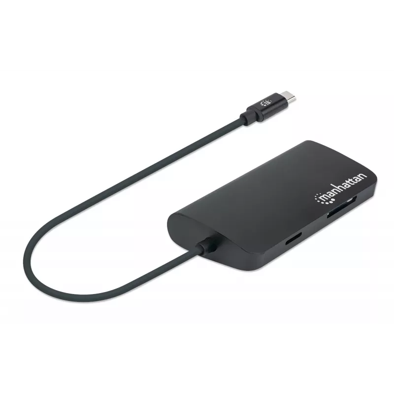 Manhattan Dock/Hub USB-C com leitor de cartões, ligações (x5): Ethernet, USB-A (3) e USB-C, 5 Gbit/s (USB 3.2 Gen1 também conhecido como USB 3.0), com Power Delivery (100W) para a ligação USB-C (Nota: requer fonte de alimentação USB-C e cabo USB-C adicionais), universal para todos os dispositivos, alumínio