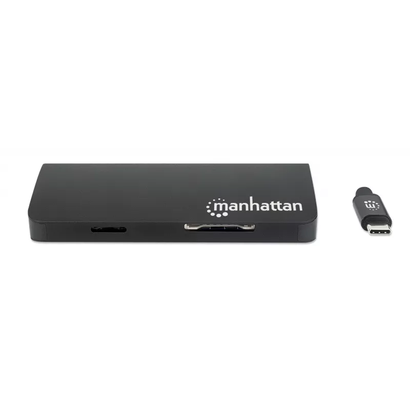 Manhattan Dock/Hub USB-C com leitor de cartões, ligações (x5): Ethernet, USB-A (3) e USB-C, 5 Gbit/s (USB 3.2 Gen1 também conhecido como USB 3.0), com Power Delivery (100W) para a ligação USB-C (Nota: requer fonte de alimentação USB-C e cabo USB-C adicionais), universal para todos os dispositivos, alumínio