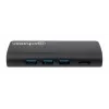 Manhattan Dock/Hub USB-C com leitor de cartões, ligações (x5): Ethernet, USB-A (3) e USB-C, 5 Gbit/s (USB 3.2 Gen1 também conhecido como USB 3.0), com Power Delivery (100W) para a ligação USB-C (Nota: requer fonte de alimentação USB-C e cabo USB-C adicionais), universal para todos os dispositivos, alumínio