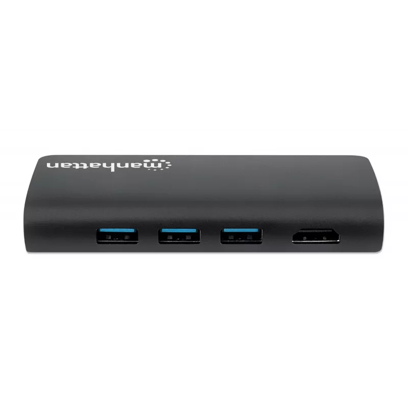 Manhattan Dock/Hub USB-C com leitor de cartões, ligações (x5): Ethernet, USB-A (3) e USB-C, 5 Gbit/s (USB 3.2 Gen1 também conhecido como USB 3.0), com Power Delivery (100W) para a ligação USB-C (Nota: requer fonte de alimentação USB-C e cabo USB-C adicionais), universal para todos os dispositivos, alumínio