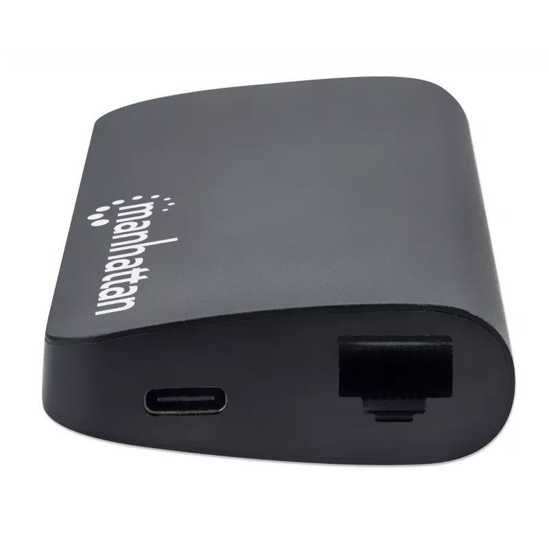 Manhattan Dock/Hub USB-C com leitor de cartões, ligações (x5): Ethernet, USB-A (3) e USB-C, 5 Gbit/s (USB 3.2 Gen1 também conhecido como USB 3.0), com Power Delivery (100W) para a ligação USB-C (Nota: requer fonte de alimentação USB-C e cabo USB-C adicionais), universal para todos os dispositivos, alumínio