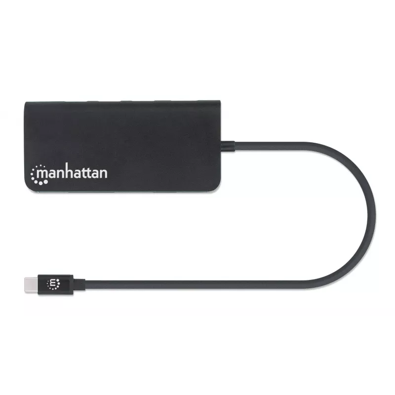 Manhattan Dock/Hub USB-C com leitor de cartões, ligações (x5): Ethernet, USB-A (3) e USB-C, 5 Gbit/s (USB 3.2 Gen1 também conhecido como USB 3.0), com Power Delivery (100W) para a ligação USB-C (Nota: requer fonte de alimentação USB-C e cabo USB-C adicionais), universal para todos os dispositivos, alumínio