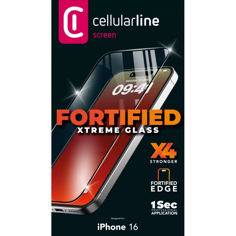 Cellularline Fortified Xtreme Glass - iPhone 16 vidro temperado ultrarresistente com bordas reforçadas, fácil de aplicar e extremamente resistente
