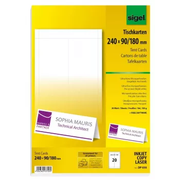 Sigel DP050 cartões de mesa, 240 x 90 mm, 185 g/m², branco-extra, 20 unid.