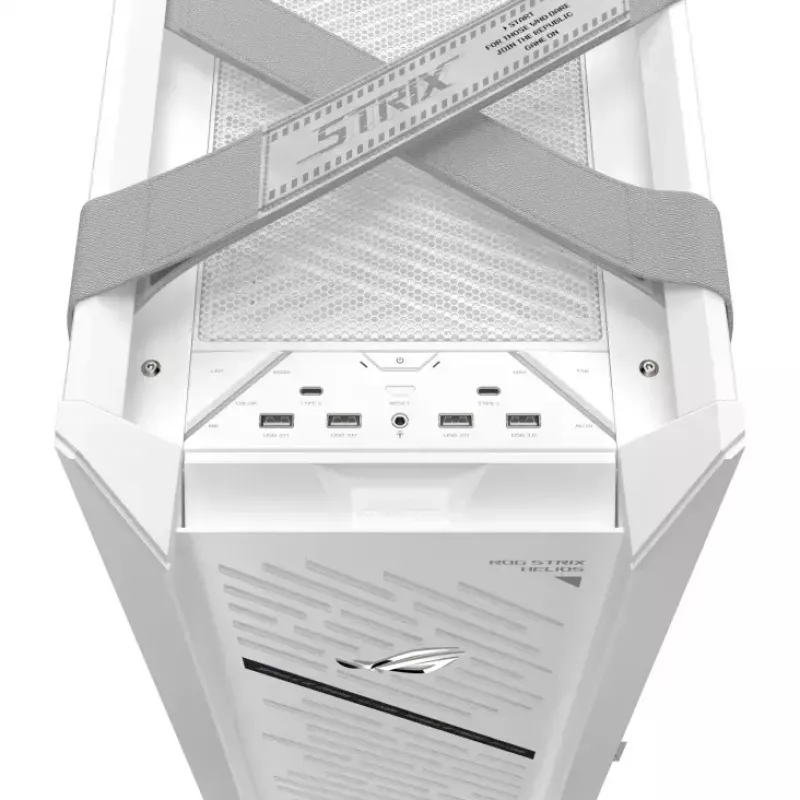 Caixa de PC ASUS ROG Strix Helios II Midi Tower branco — suporta EATX/ATX/Micro-ATX/Mini-ITX, 3x140mm frente + 1x140mm traseira, 2×3,5 polegadas + 4×2,5 polegadas baías, vidro temperado