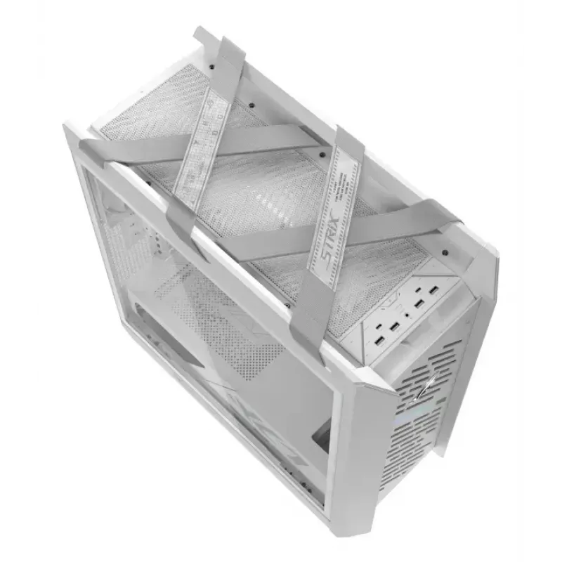 Caixa de PC ASUS ROG Strix Helios II Midi Tower branco — suporta EATX/ATX/Micro-ATX/Mini-ITX, 3x140mm frente + 1x140mm traseira, 2×3,5 polegadas + 4×2,5 polegadas baías, vidro temperado