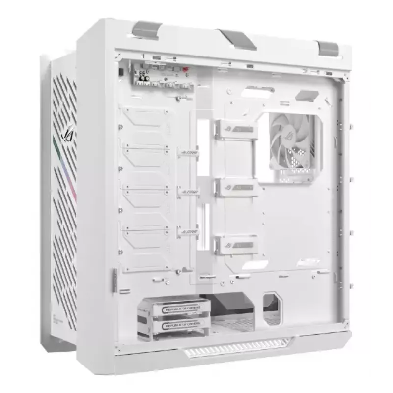 Caixa de PC ASUS ROG Strix Helios II Midi Tower branco — suporta EATX/ATX/Micro-ATX/Mini-ITX, 3x140mm frente + 1x140mm traseira, 2×3,5 polegadas + 4×2,5 polegadas baías, vidro temperado