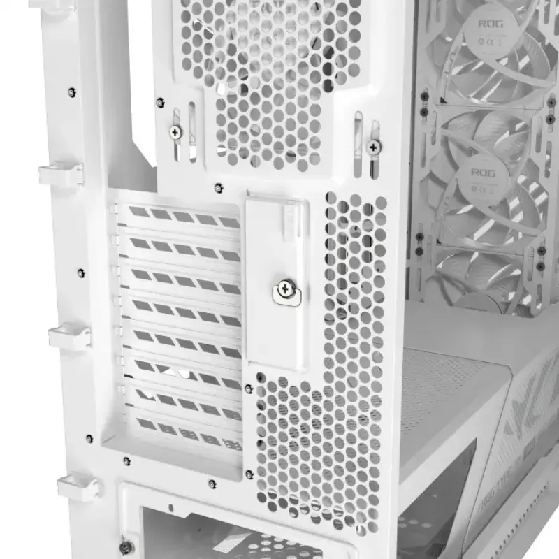 Caixa de PC ASUS ROG Strix Helios II Midi Tower branco — suporta EATX/ATX/Micro-ATX/Mini-ITX, 3x140mm frente + 1x140mm traseira, 2×3,5 polegadas + 4×2,5 polegadas baías, vidro temperado