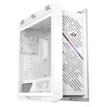 Caixa de PC ASUS ROG Strix Helios II Midi Tower branco — suporta EATX/ATX/Micro-ATX/Mini-ITX, 3x140mm frente + 1x140mm traseira, 2×3,5 polegadas + 4×2,5 polegadas baías, vidro temperado