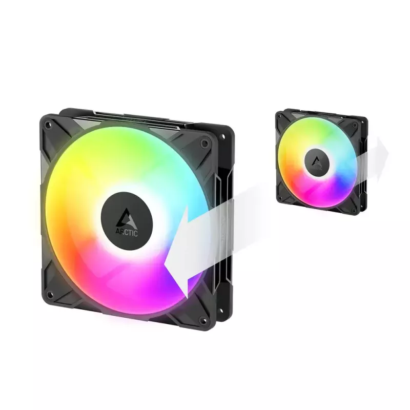 Ventoinha de caixa 140 mm Arctic Freezer P14 Pro Reverse A-RGB — PWM, 140 mm, 166,5 m³/h, 5,1 mmH2O, FDB, preto