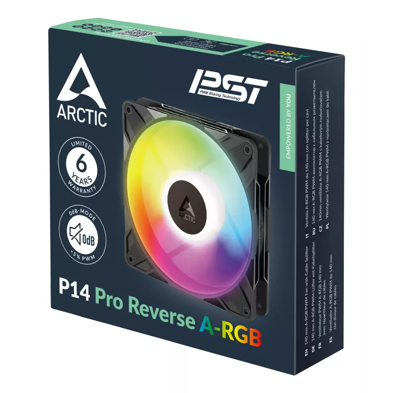 ARCTIC Freezer P14 Pro Reverse A-RGB - pack de 3 - ventoinha A-RGB PWM de 140 mm com distribuidor de cabos