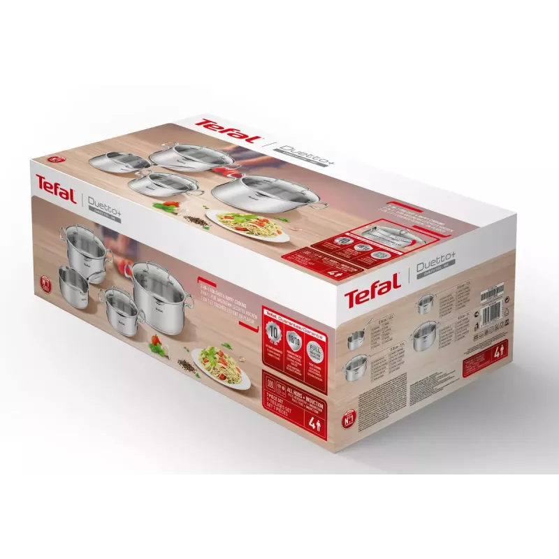 Conjunto de panelas Tefal Duetto+ G719S7, aço inoxidável, 7 peças (caçarolas com cabo Ø16/20/24 cm, panela de brasear Ø16 cm), indução, tampas, resistente ao forno até 250°C