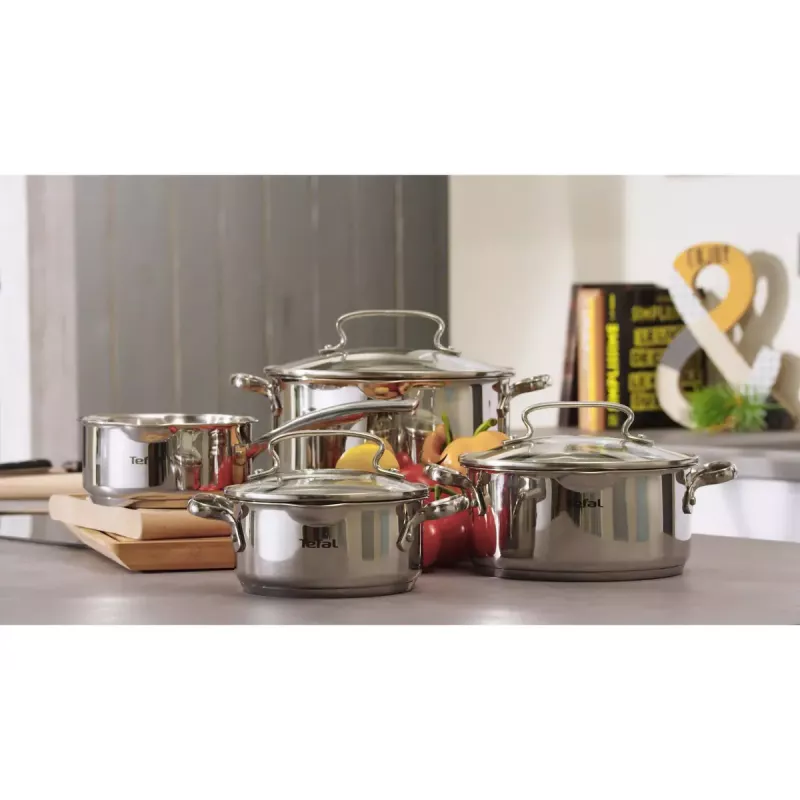 Conjunto de panelas Tefal Duetto+ G719S7, aço inoxidável, 7 peças (caçarolas com cabo Ø16/20/24 cm, panela de brasear Ø16 cm), indução, tampas, resistente ao forno até 250°C