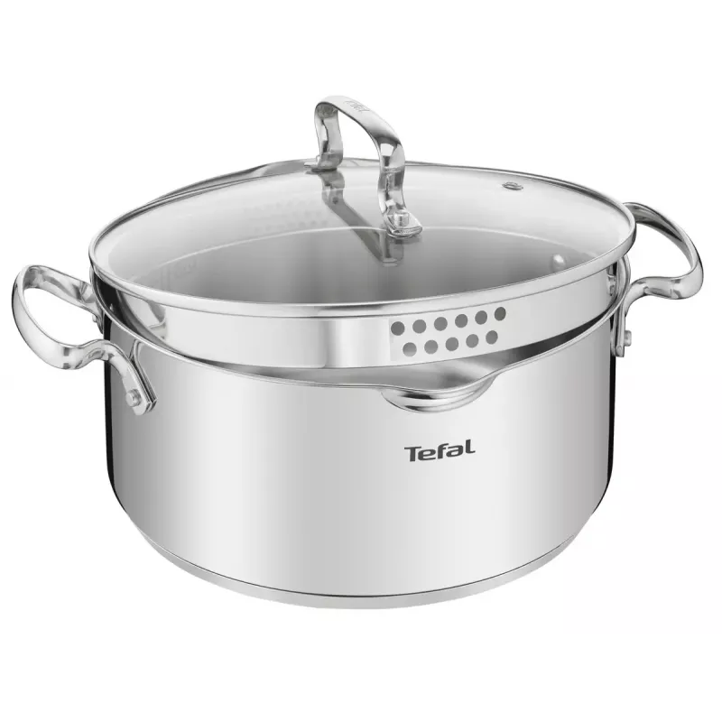 Conjunto de panelas Tefal Duetto+ G719S7, aço inoxidável, 7 peças (caçarolas com cabo Ø16/20/24 cm, panela de brasear Ø16 cm), indução, tampas, resistente ao forno até 250°C
