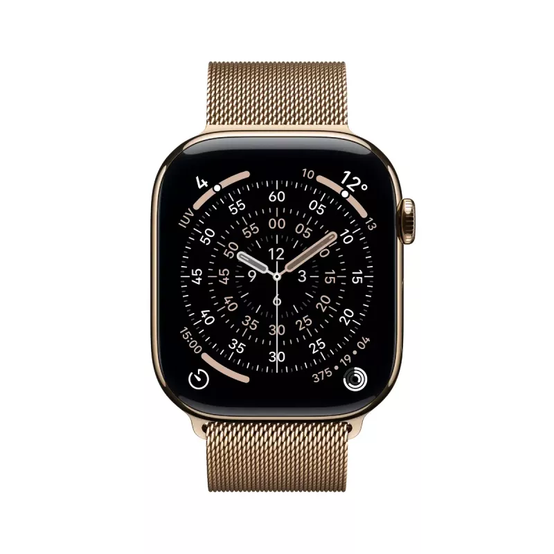 Smartwatch Apple Watch Series 11 GPS + Cellular 46mm caixa de titânio dourado com bracelete Milanese Loop dourada M/L, 64GB, OLED, 416×496, resistente à água 50m