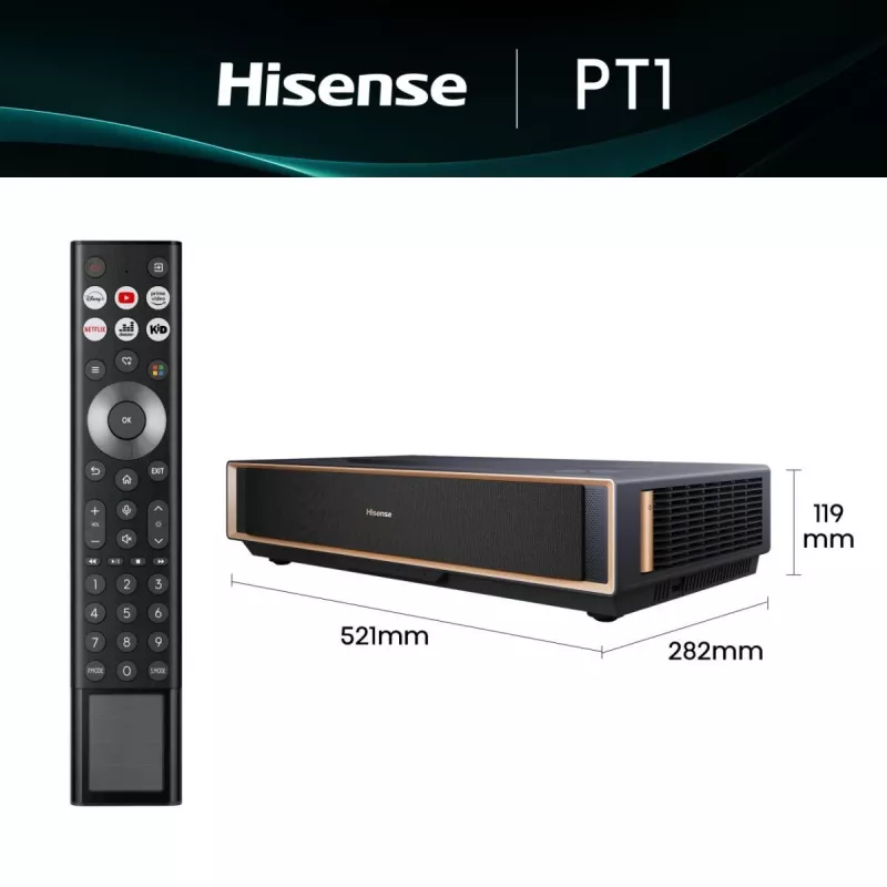 Projetor HISENSE PT1 3D Smart-TV, nativo 16:9, Wi‑Fi e Ethernet, HDR (HLG), HDMI 2.0/2.1, preto