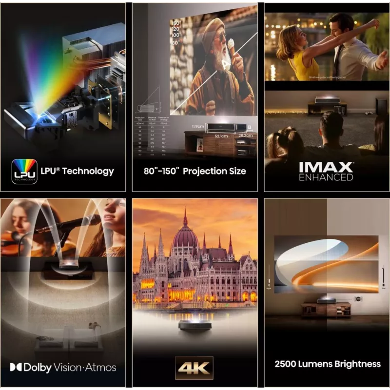 Projetor HISENSE PT1 3D Smart-TV, nativo 16:9, Wi‑Fi e Ethernet, HDR (HLG), HDMI 2.0/2.1, preto