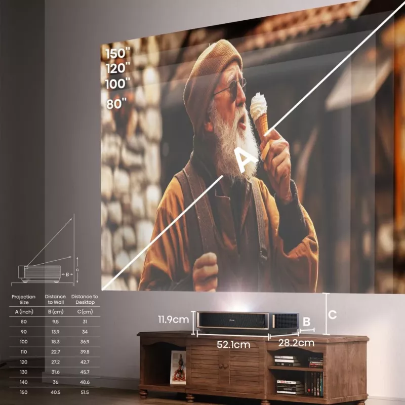 Projetor HISENSE PT1 3D Smart-TV, nativo 16:9, Wi‑Fi e Ethernet, HDR (HLG), HDMI 2.0/2.1, preto