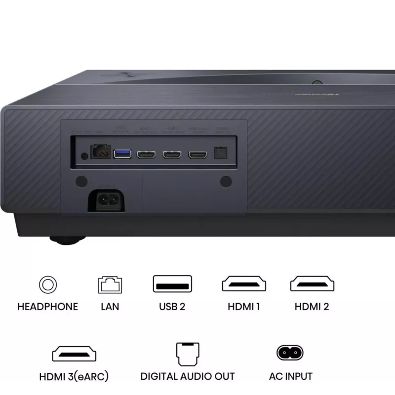 Projetor HISENSE PT1 3D Smart-TV, nativo 16:9, Wi‑Fi e Ethernet, HDR (HLG), HDMI 2.0/2.1, preto