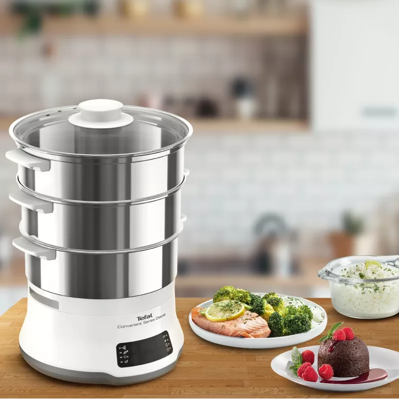 Tefal Convenient Series Deluxe VC502D vaporizador 3 cestos bancada 900 W aço inoxidável, branco