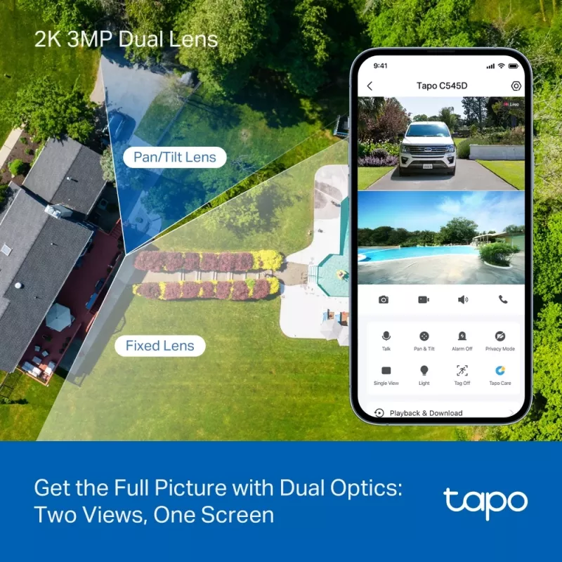 Câmara de vigilância TP-Link Tapo Outdoor Dual Lens Pan/Tilt, Câmara de vigilância IP, Exterior, Com fios e sem fios, Montagem em teto/parede/mastro, Branco, Esférica